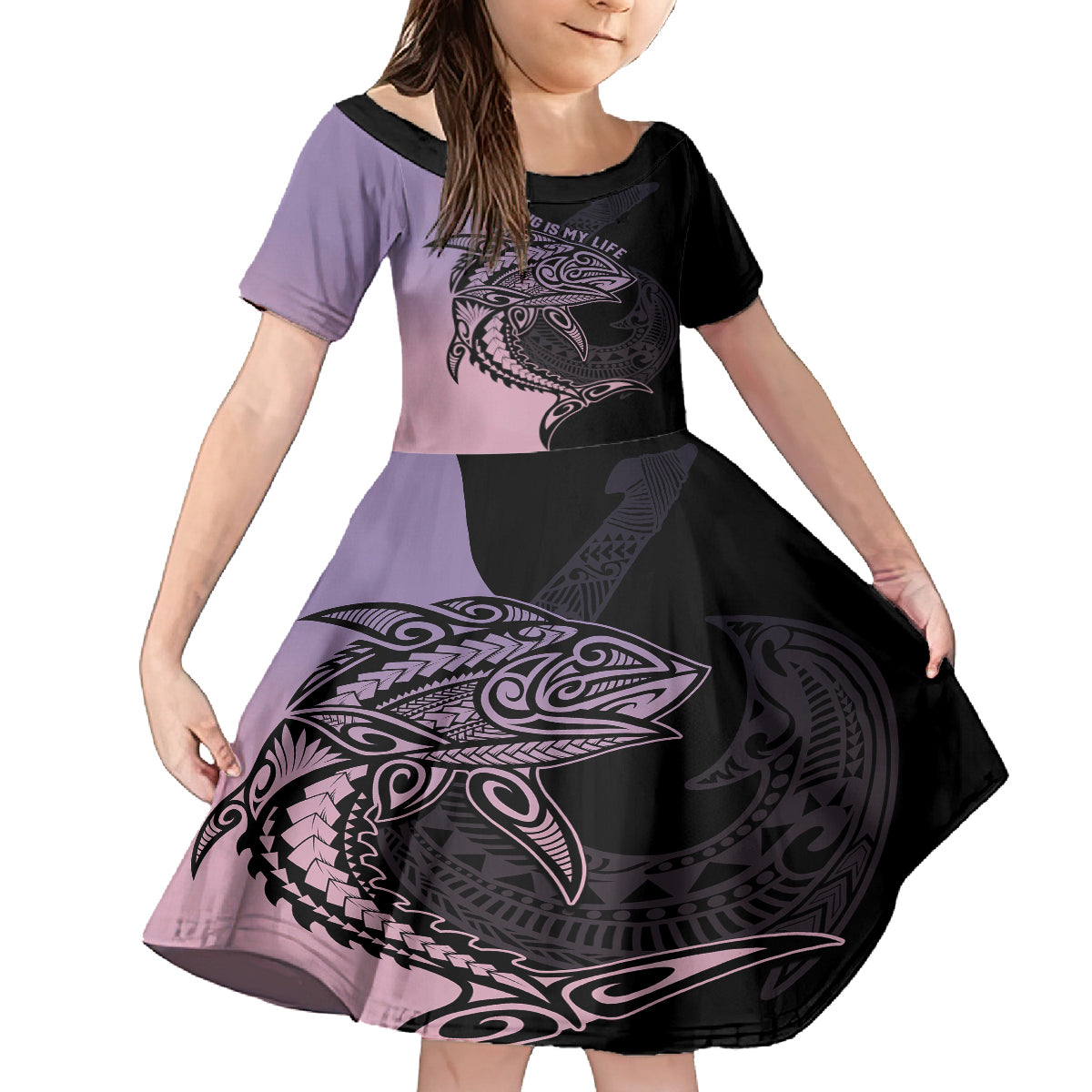personalised-polynesia-fishing-kid-short-sleeve-dress-with-maori-hei-matau-fish-hook-pastel-art