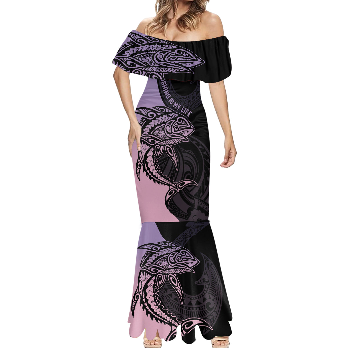 personalised-polynesia-fishing-mermaid-dress-with-maori-hei-matau-fish-hook-pastel-art