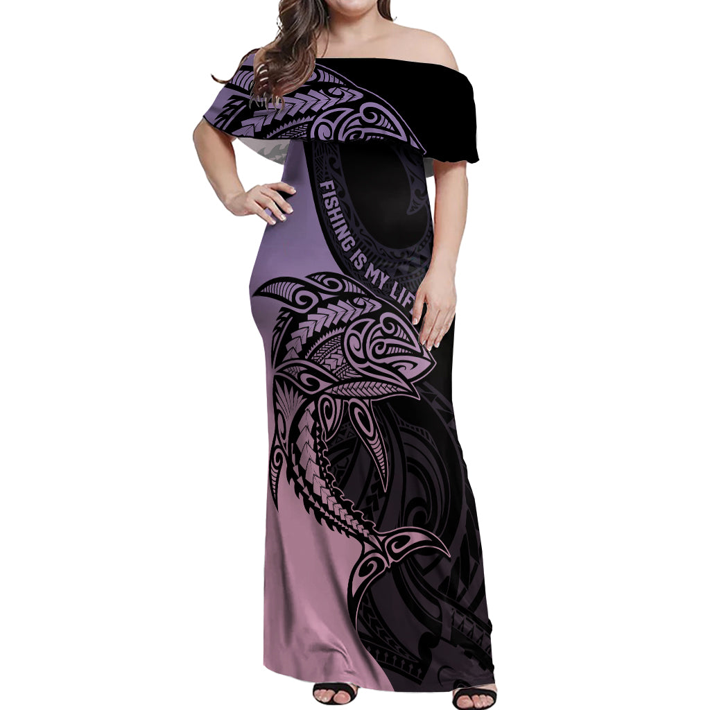 Personalised Polynesia Fishing Off Shoulder Maxi Dress With Maori Hei Matau Fish Hook Pastel Art LT9 Women Pastel - Polynesian Pride