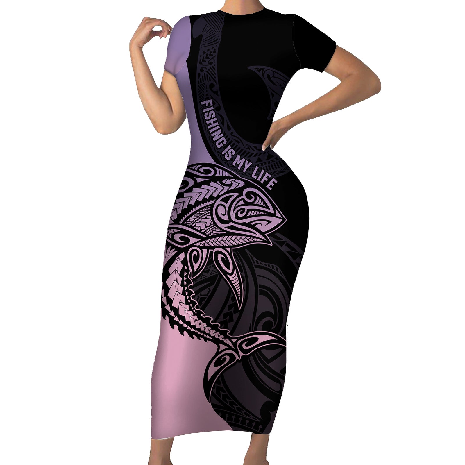 personalised-polynesia-fishing-short-sleeve-bodycon-dress-with-maori-hei-matau-fish-hook-pastel-art