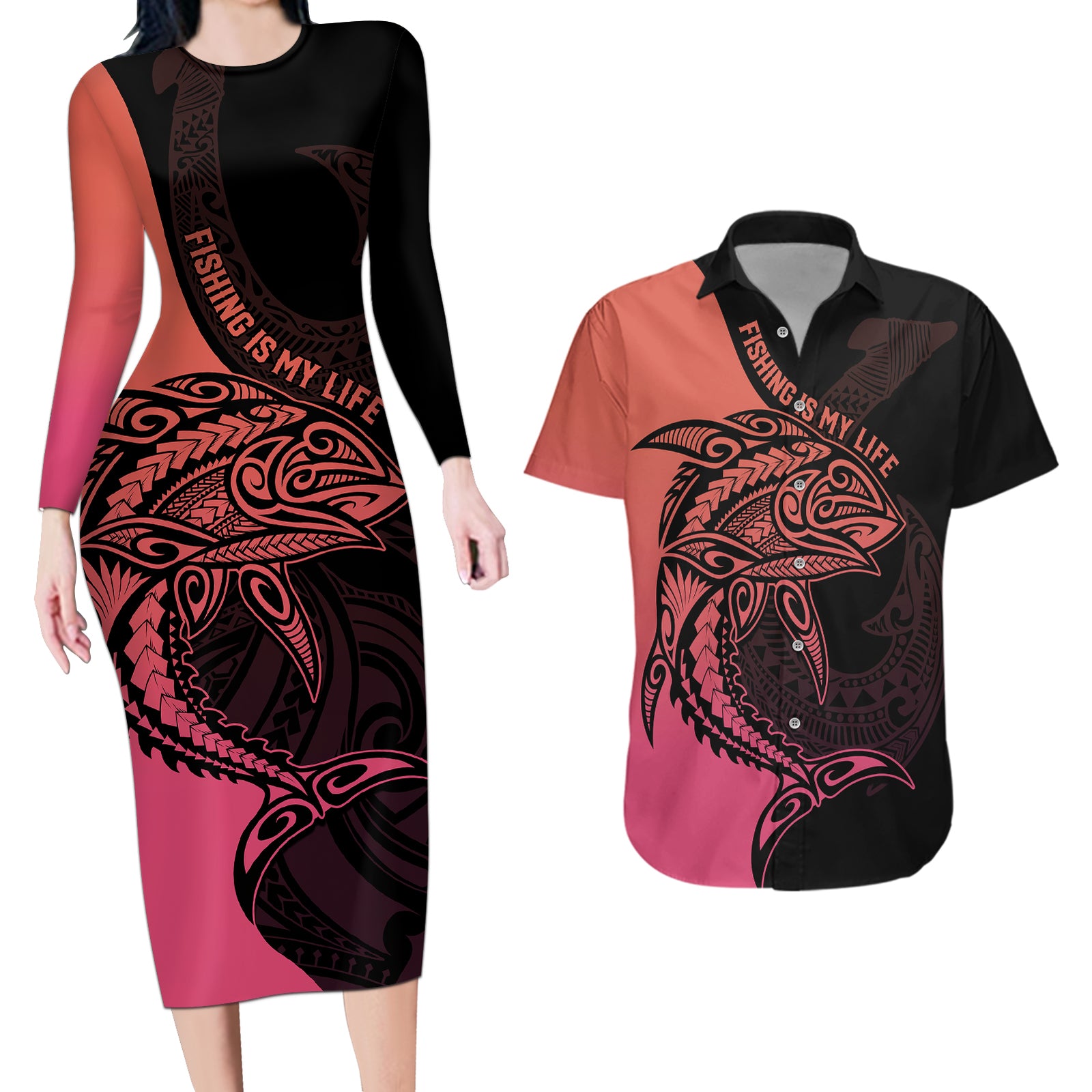 Personalised Polynesia Fishing Couples Matching Long Sleeve Bodycon Dress and Hawaiian Shirt With Maori Hei Matau Fish Hook Pink Art LT9 Pink - Polynesian Pride