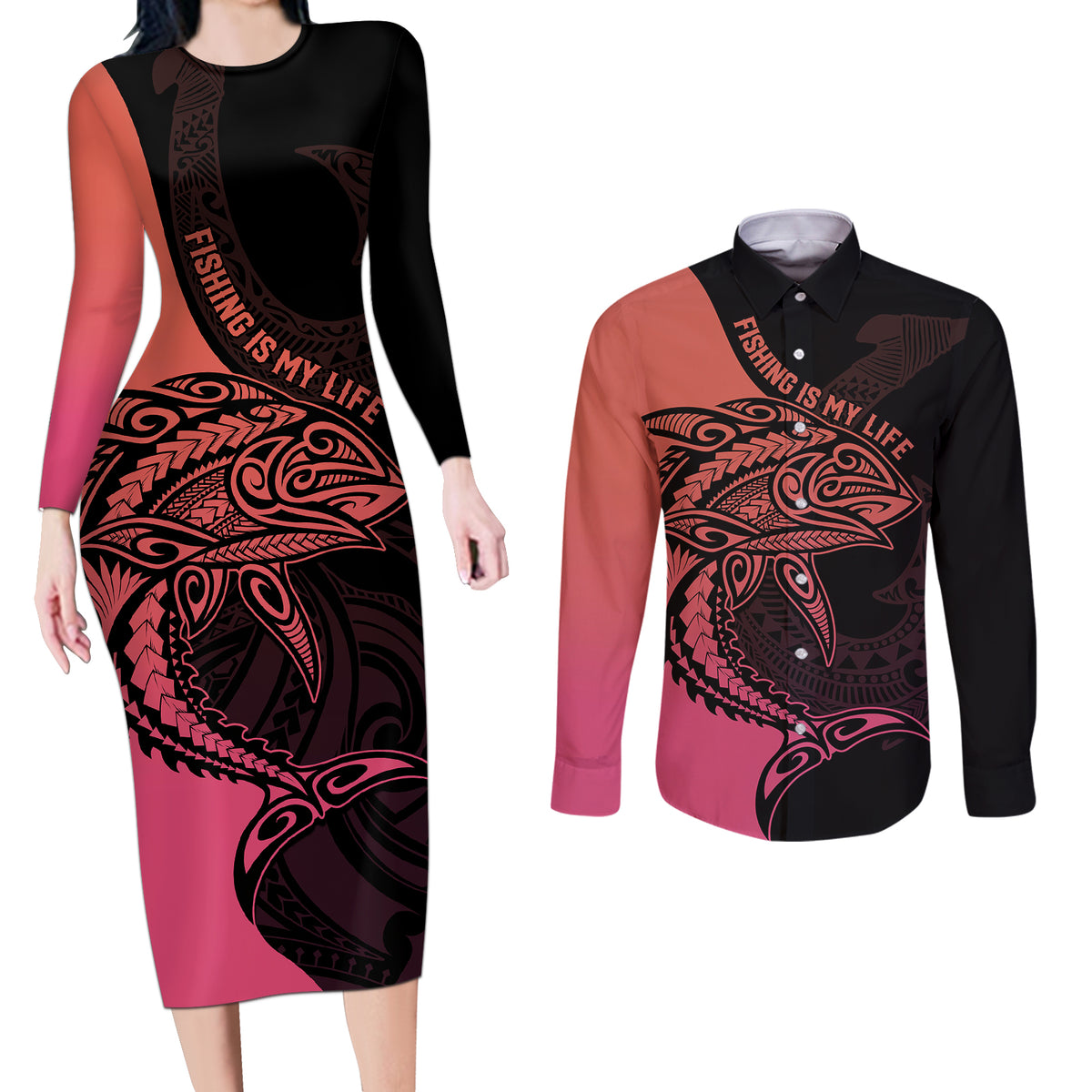 personalised-polynesia-fishing-couples-matching-long-sleeve-bodycon-dress-and-long-sleeve-button-shirts-with-maori-hei-matau-fish-hook-pink-art
