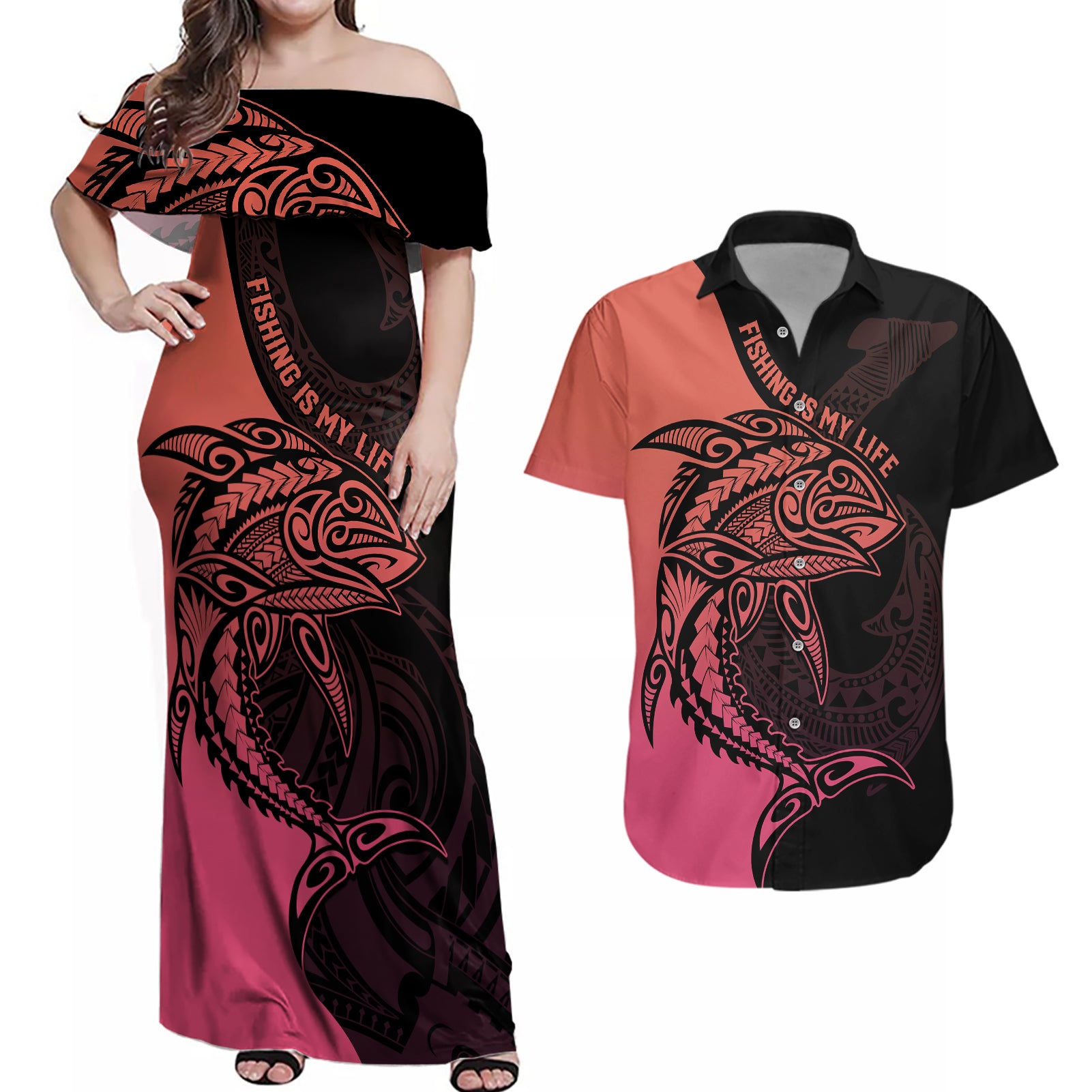 personalised-polynesia-fishing-couples-matching-off-shoulder-maxi-dress-and-hawaiian-shirt-with-maori-hei-matau-fish-hook-pink-art