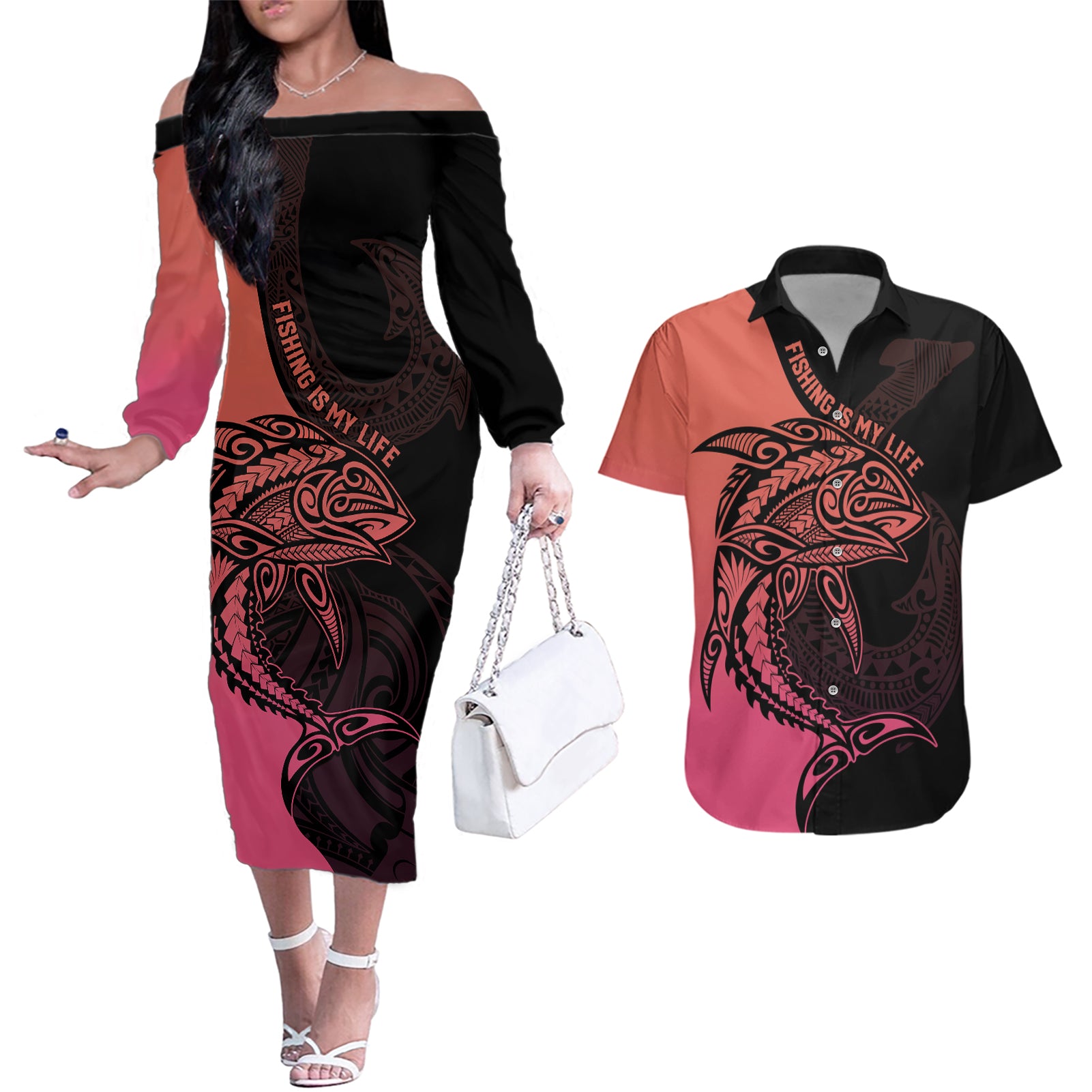 personalised-polynesia-fishing-couples-matching-off-the-shoulder-long-sleeve-dress-and-hawaiian-shirt-with-maori-hei-matau-fish-hook-pink-art