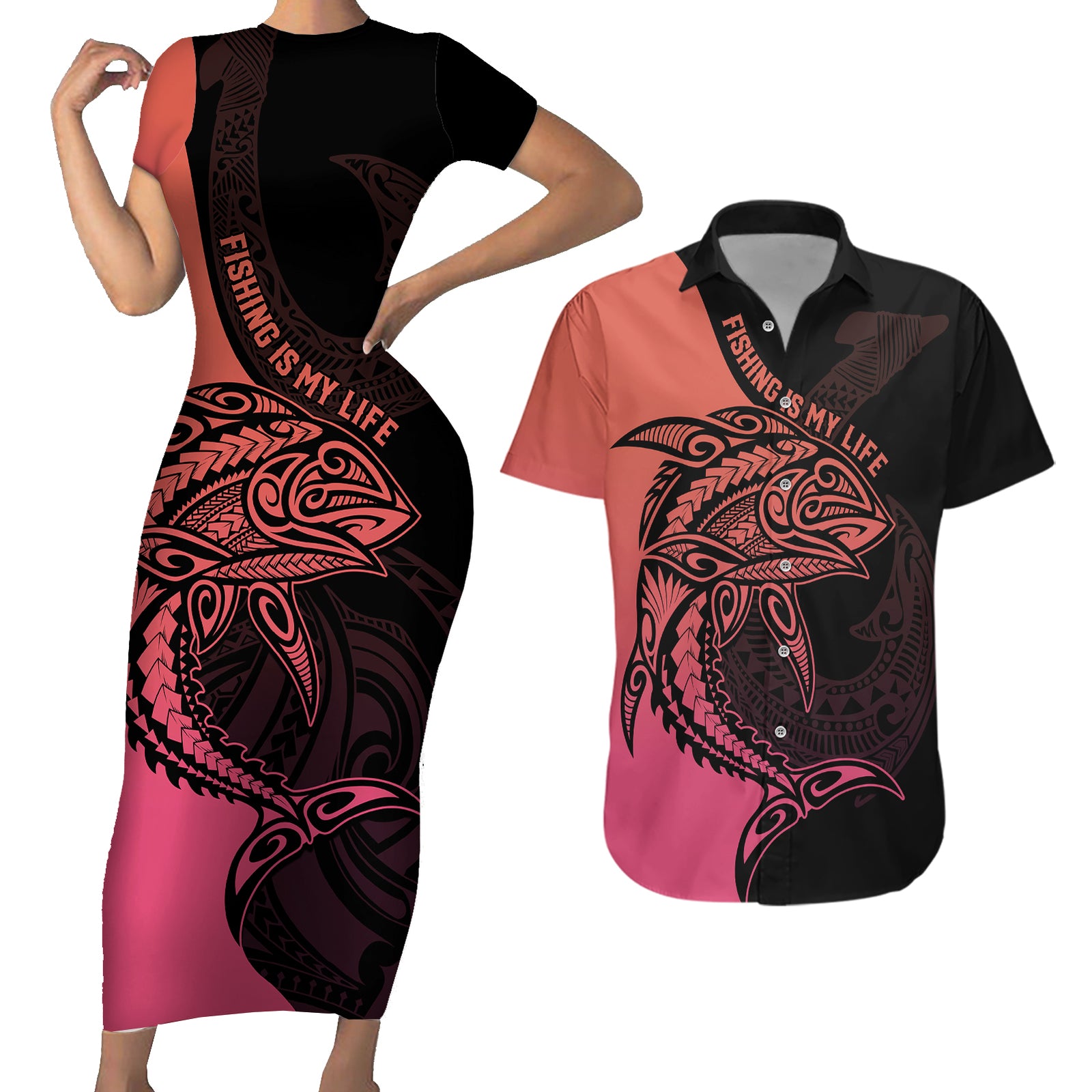 Personalised Polynesia Fishing Couples Matching Short Sleeve Bodycon Dress and Hawaiian Shirt With Maori Hei Matau Fish Hook Pink Art LT9 Pink - Polynesian Pride