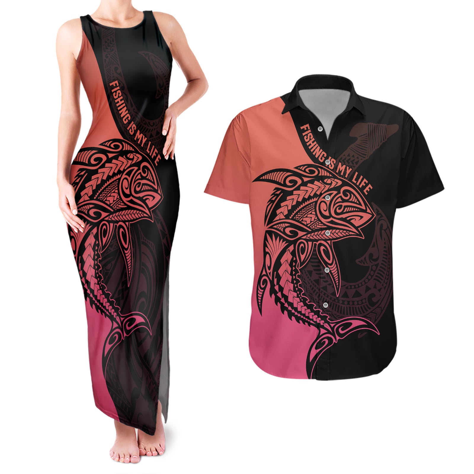Personalised Polynesia Fishing Couples Matching Tank Maxi Dress and Hawaiian Shirt With Maori Hei Matau Fish Hook Pink Art LT9 Pink - Polynesian Pride