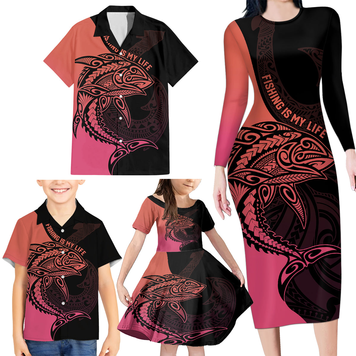 personalised-polynesia-fishing-family-matching-long-sleeve-bodycon-dress-and-hawaiian-shirt-with-maori-hei-matau-fish-hook-pink-art