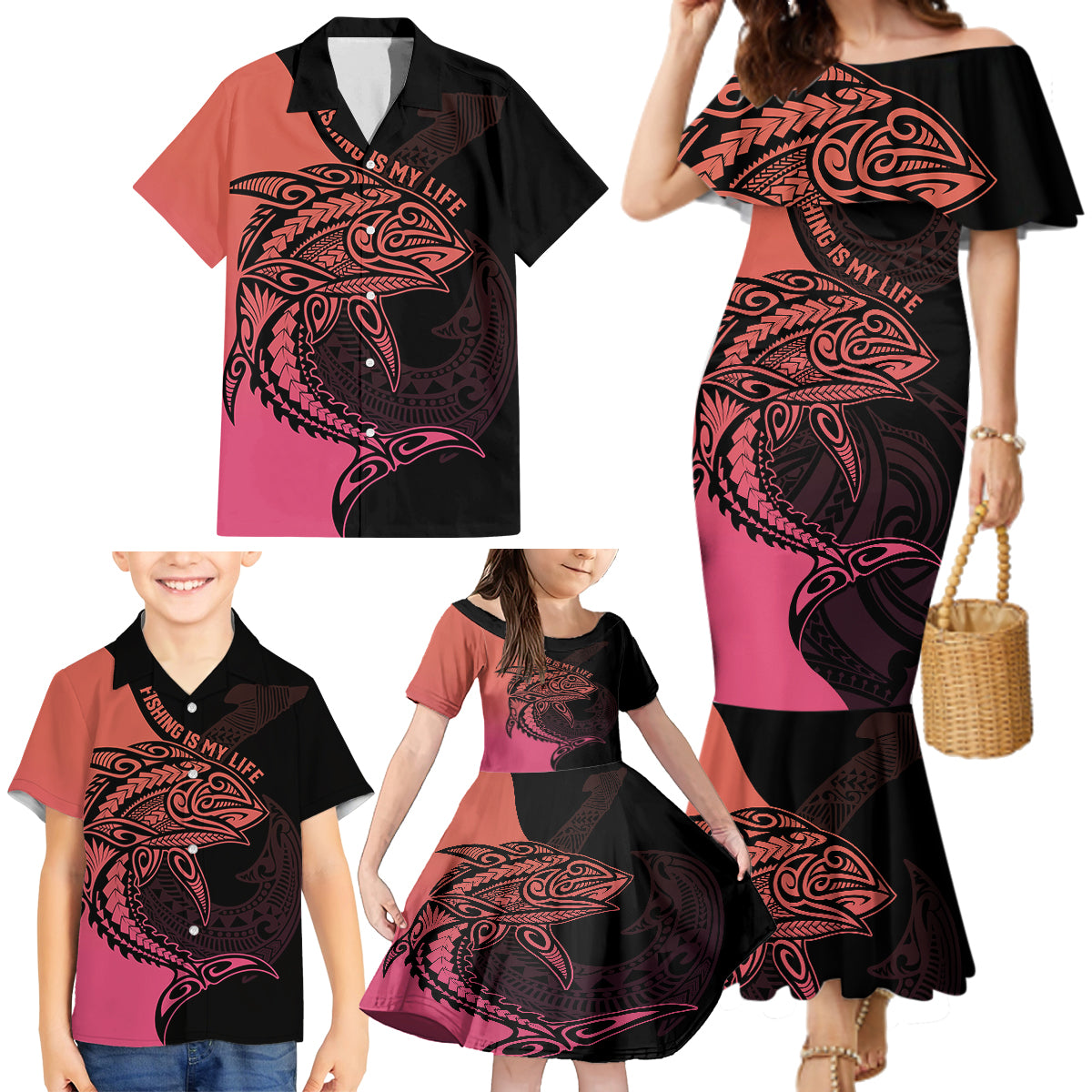 personalised-polynesia-fishing-family-matching-mermaid-dress-and-hawaiian-shirt-with-maori-hei-matau-fish-hook-pink-art