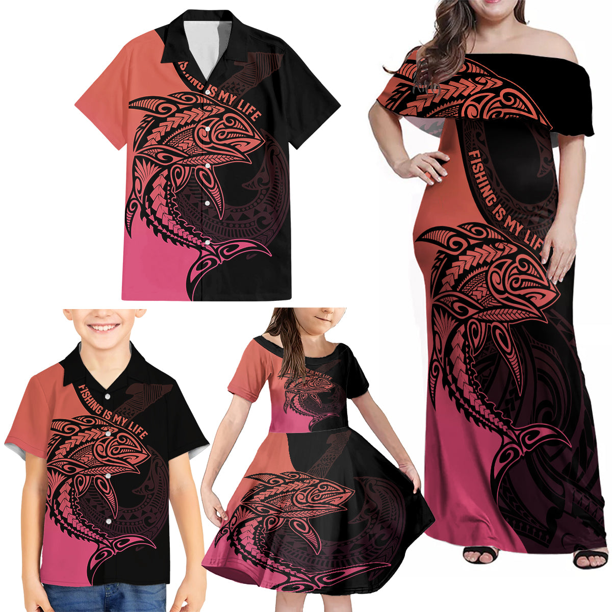 personalised-polynesia-fishing-family-matching-off-shoulder-maxi-dress-and-hawaiian-shirt-with-maori-hei-matau-fish-hook-pink-art