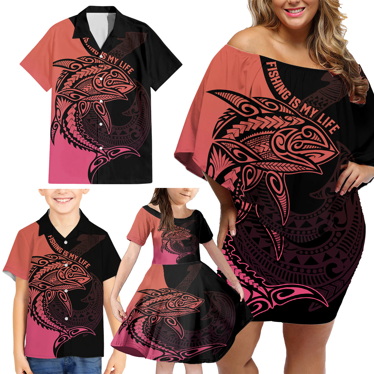 personalised-polynesia-fishing-family-matching-off-shoulder-short-dress-and-hawaiian-shirt-with-maori-hei-matau-fish-hook-pink-art