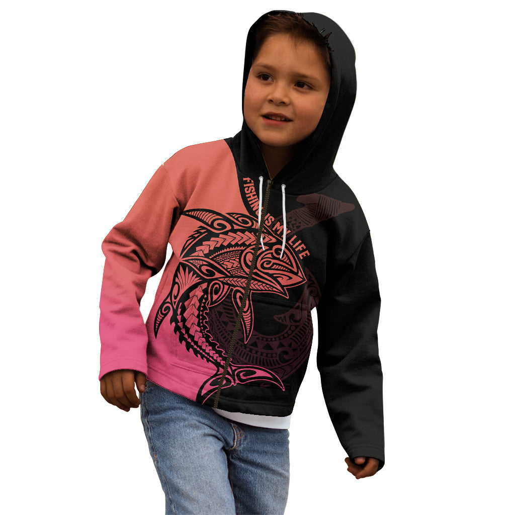 Personalised Polynesia Fishing Kid Hoodie With Maori Hei Matau Fish Hook Pink Art LT9 - Polynesian Pride