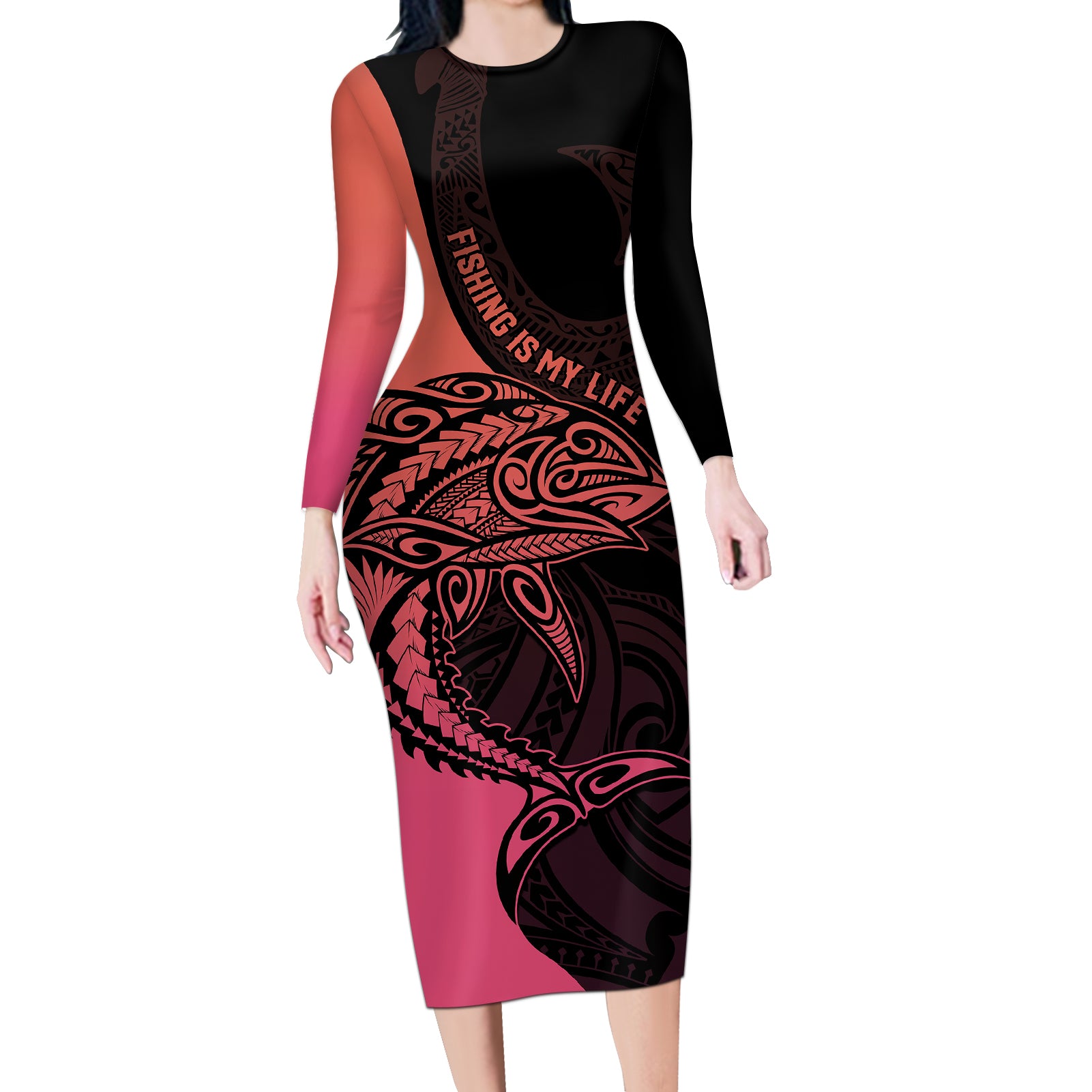 personalised-polynesia-fishing-long-sleeve-bodycon-dress-with-maori-hei-matau-fish-hook-pink-art