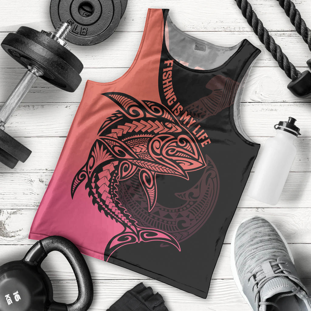 Personalised Polynesia Fishing Men Tank Top With Maori Hei Matau Fish Hook Pink Art LT9 Pink - Polynesian Pride