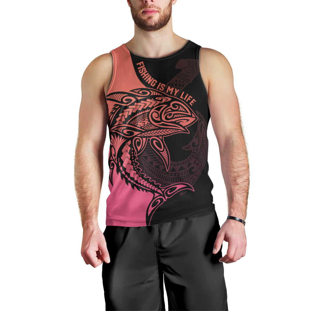 Personalised Polynesia Fishing Men Tank Top With Maori Hei Matau Fish Hook Pink Art LT9 - Polynesian Pride