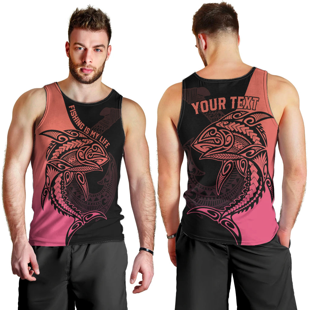 Personalised Polynesia Fishing Men Tank Top With Maori Hei Matau Fish Hook Pink Art LT9 - Polynesian Pride