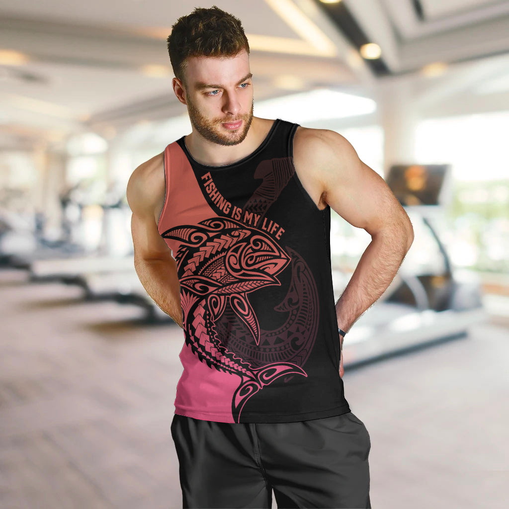 Personalised Polynesia Fishing Men Tank Top With Maori Hei Matau Fish Hook Pink Art LT9 - Polynesian Pride