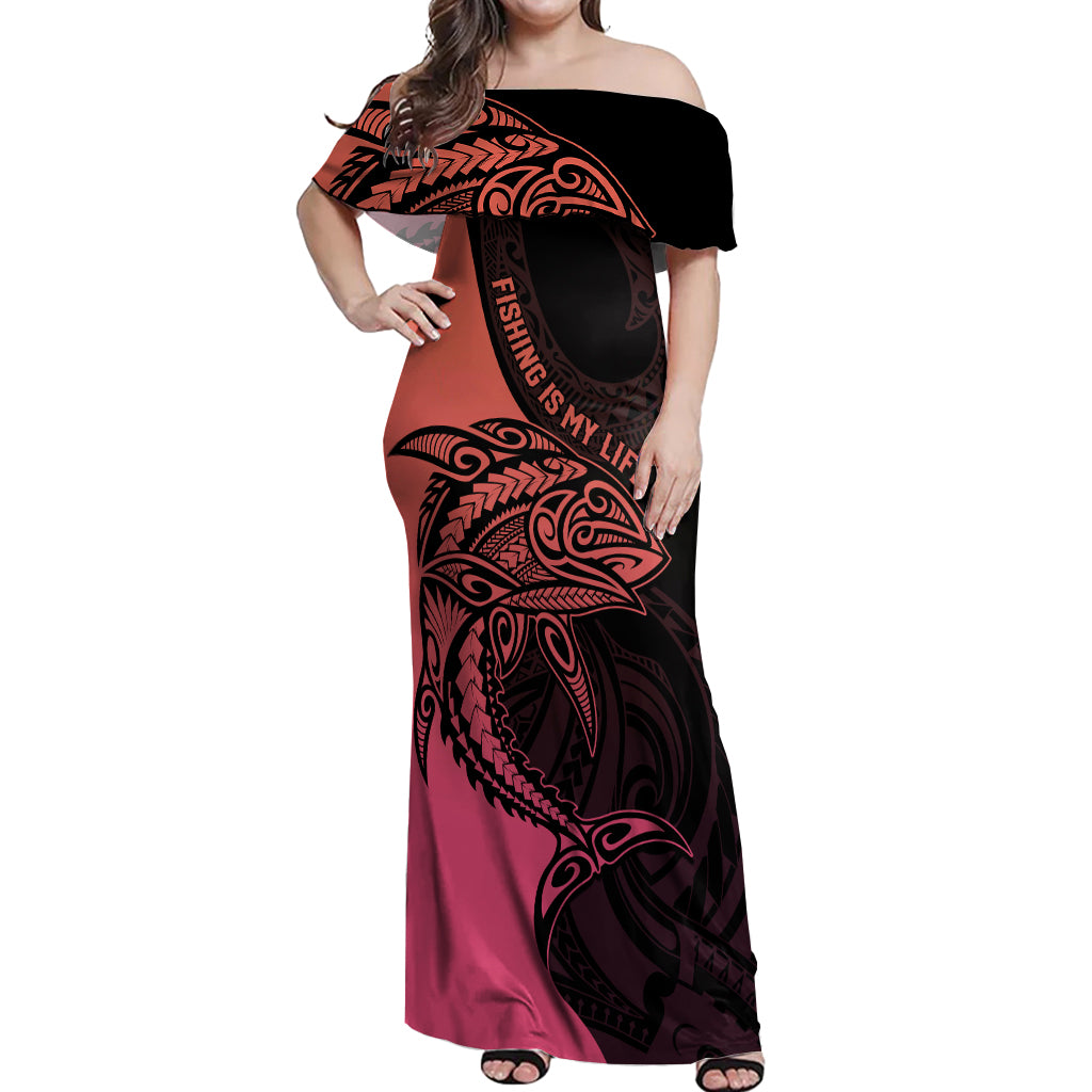 Personalised Polynesia Fishing Off Shoulder Maxi Dress With Maori Hei Matau Fish Hook Pink Art LT9 Women Pink - Polynesian Pride