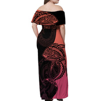 Personalised Polynesia Fishing Off Shoulder Maxi Dress With Maori Hei Matau Fish Hook Pink Art LT9 - Polynesian Pride
