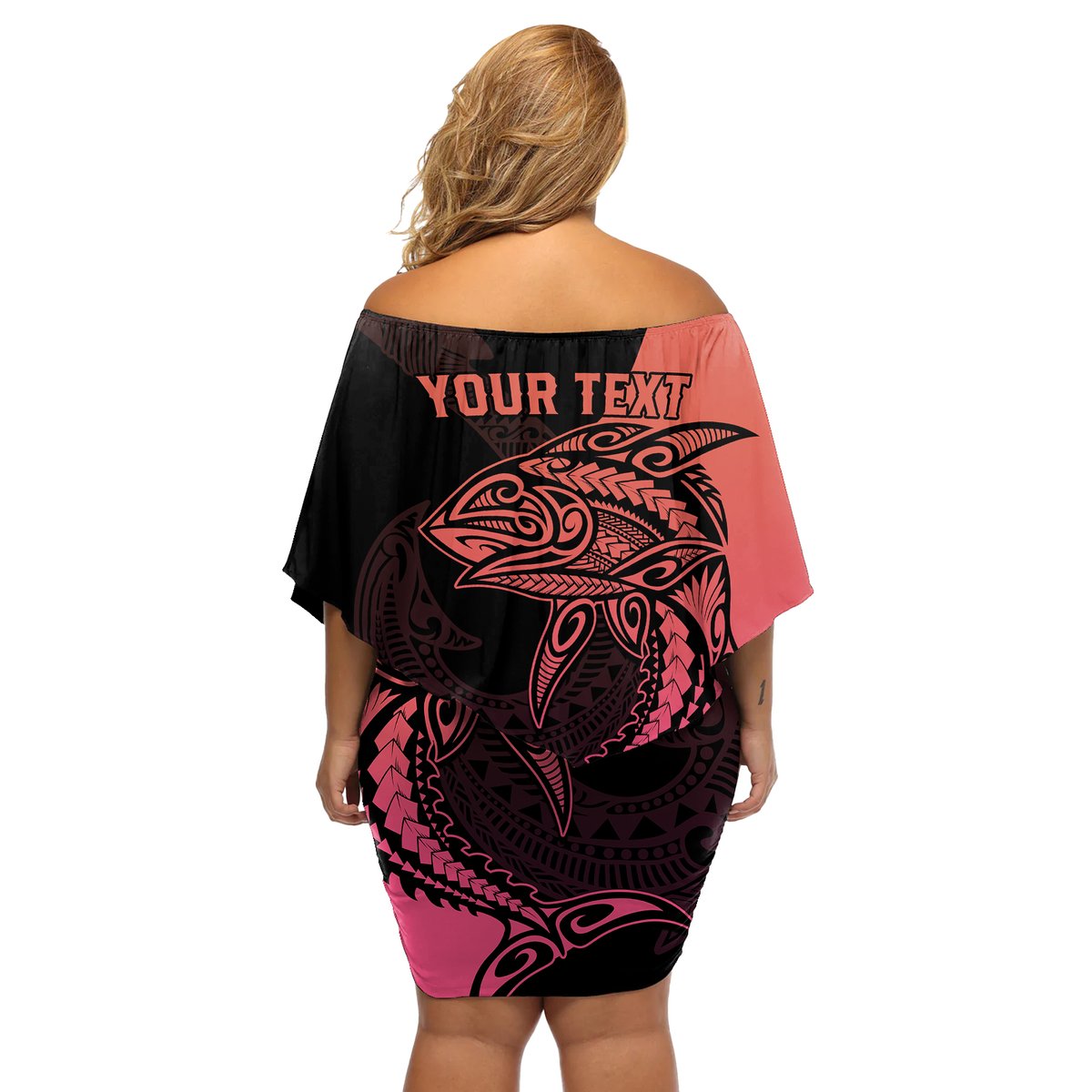 Personalised Polynesia Fishing Off Shoulder Short Dress With Maori Hei Matau Fish Hook Pink Art LT9 - Polynesian Pride