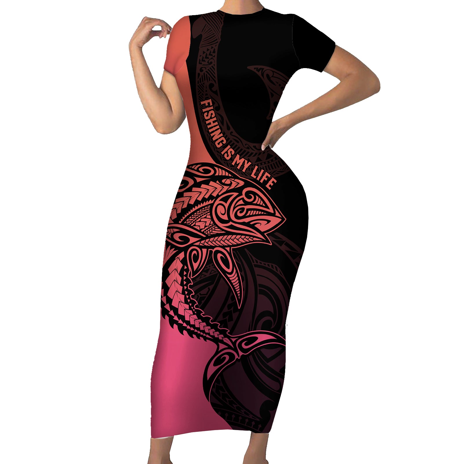 personalised-polynesia-fishing-short-sleeve-bodycon-dress-with-maori-hei-matau-fish-hook-pink-art