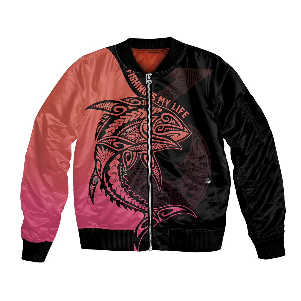 Personalised Polynesia Fishing Sleeve Zip Bomber Jacket With Maori Hei Matau Fish Hook Pink Art LT9 Unisex Pink - Polynesian Pride