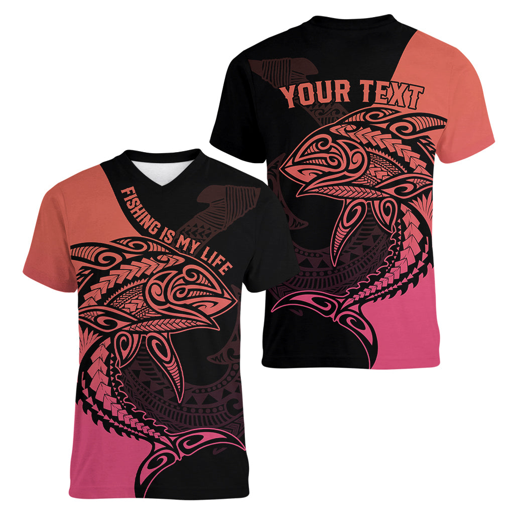 personalised-polynesia-fishing-women-v-neck-t-shirt-with-maori-hei-matau-fish-hook-pink-art