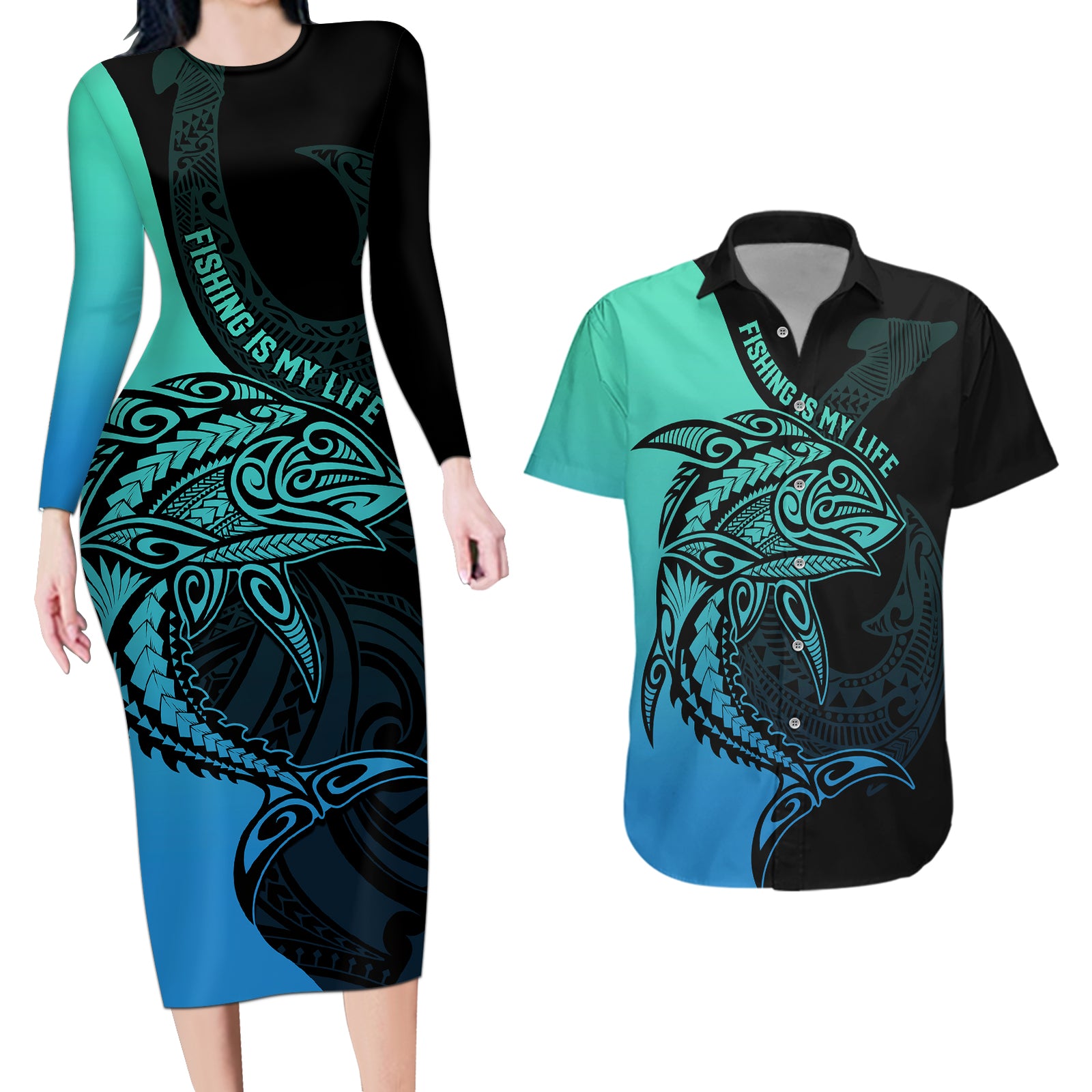 Personalised Polynesia Fishing Couples Matching Long Sleeve Bodycon Dress and Hawaiian Shirt With Maori Hei Matau Fish Hook Turquoise Art LT9 Turquoise - Polynesian Pride