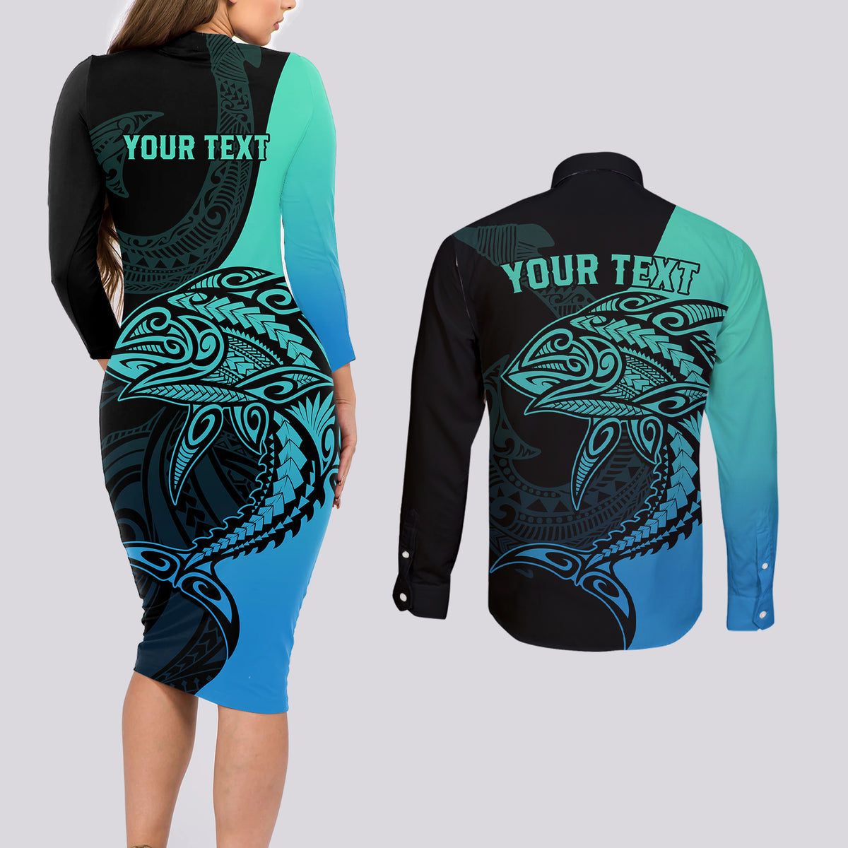 personalised-polynesia-fishing-couples-matching-long-sleeve-bodycon-dress-and-long-sleeve-button-shirts-with-maori-hei-matau-fish-hook-turquoise-art