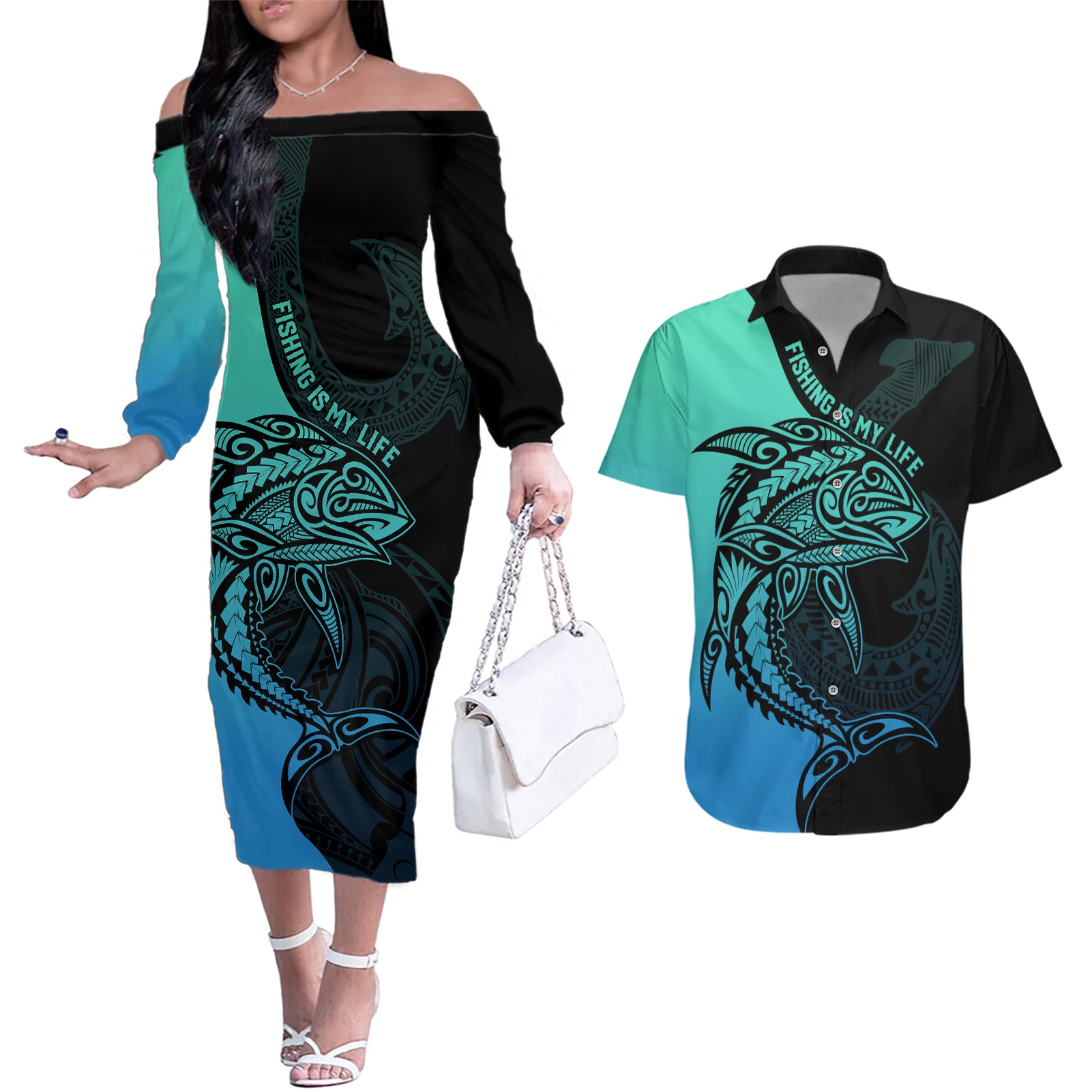 personalised-polynesia-fishing-couples-matching-off-the-shoulder-long-sleeve-dress-and-hawaiian-shirt-with-maori-hei-matau-fish-hook-turquoise-art