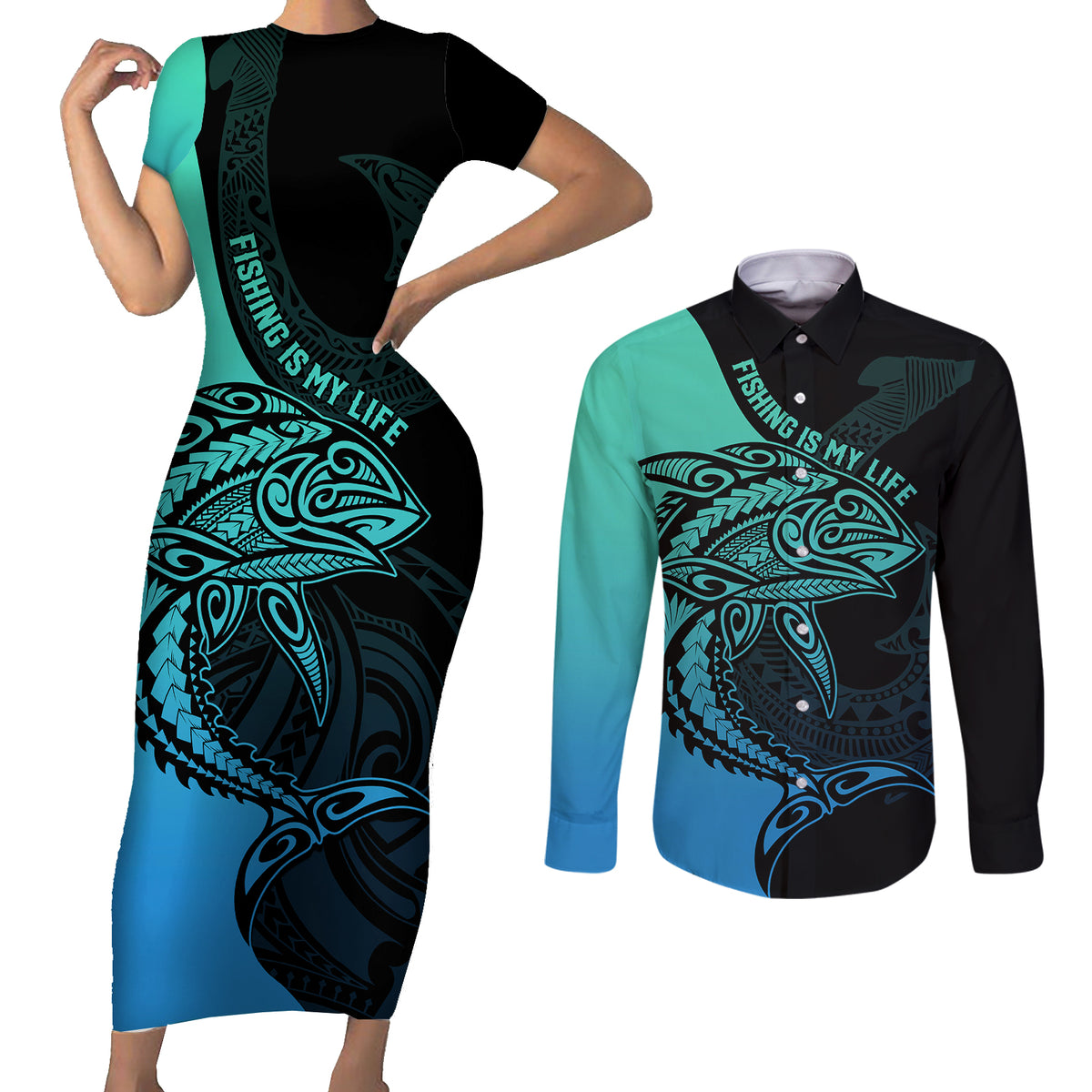 personalised-polynesia-fishing-couples-matching-short-sleeve-bodycon-dress-and-long-sleeve-button-shirts-with-maori-hei-matau-fish-hook-turquoise-art