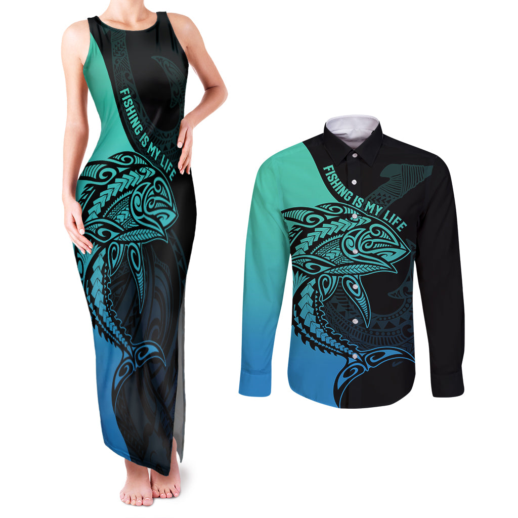 Personalised Polynesia Fishing Couples Matching Tank Maxi Dress and Long Sleeve Button Shirts With Maori Hei Matau Fish Hook Turquoise Art LT9 Turquoise - Polynesian Pride