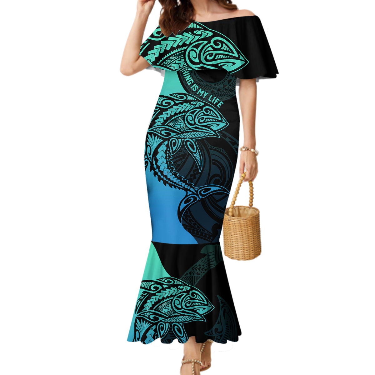 personalised-polynesia-fishing-family-matching-mermaid-dress-and-hawaiian-shirt-with-maori-hei-matau-fish-hook-turquoise-art