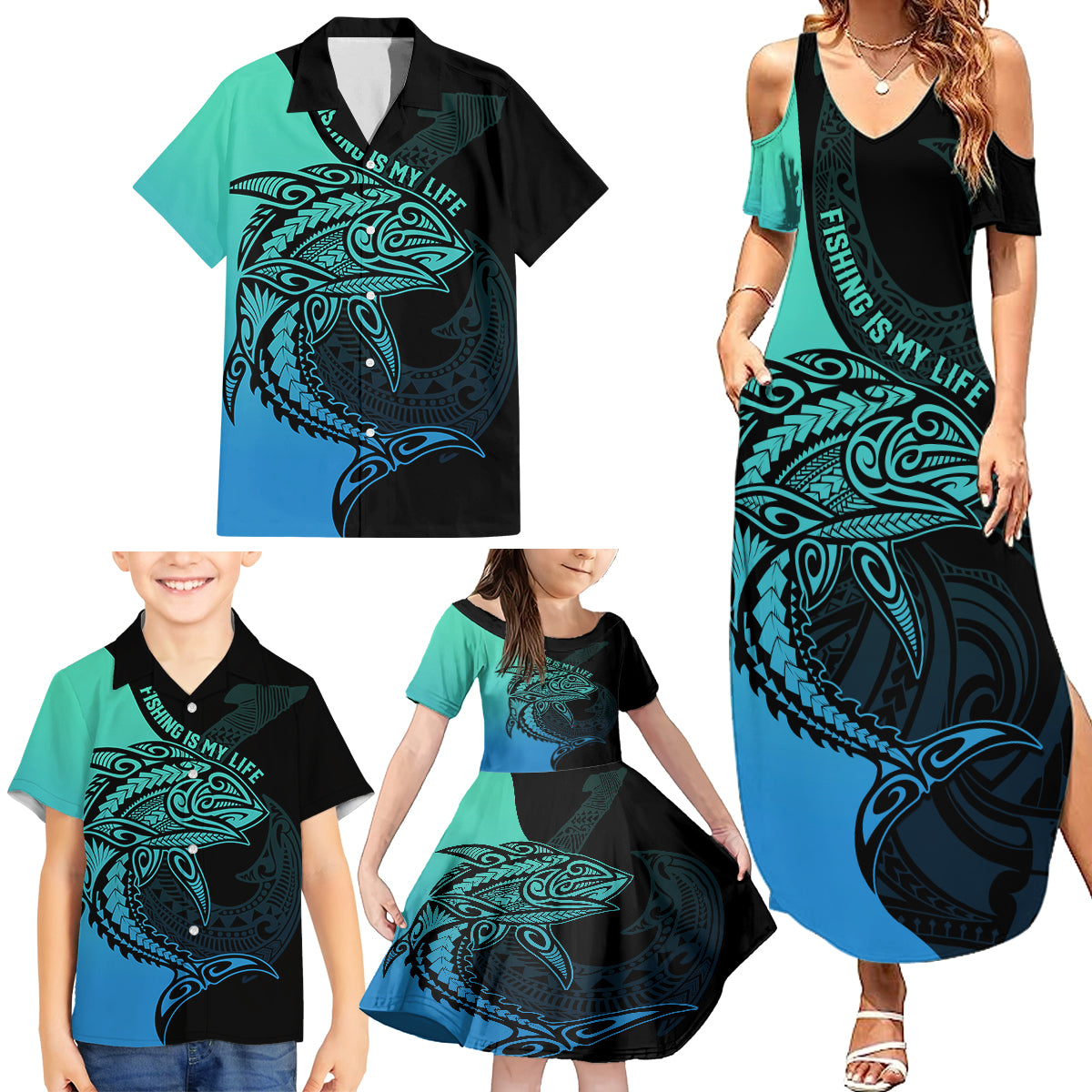 personalised-polynesia-fishing-family-matching-summer-maxi-dress-and-hawaiian-shirt-with-maori-hei-matau-fish-hook-turquoise-art