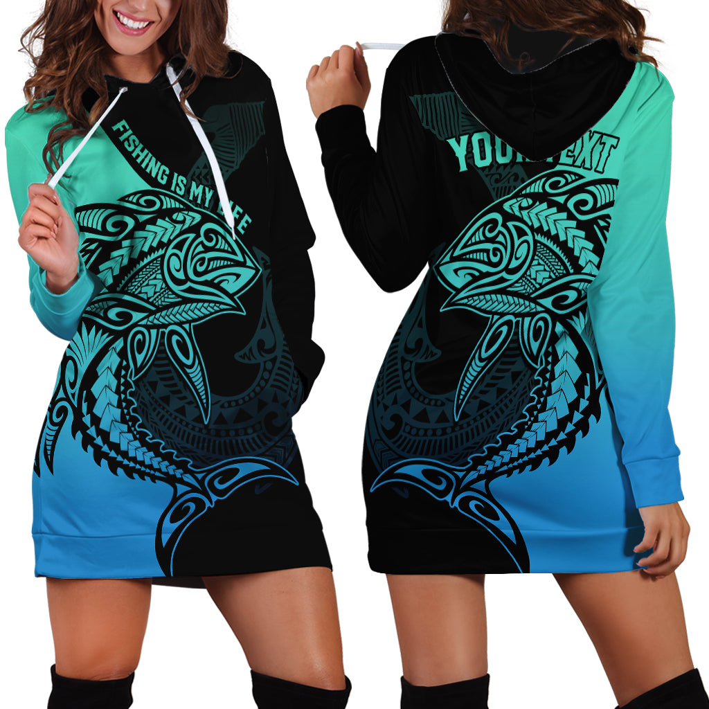 Personalised Polynesia Fishing Hoodie Dress With Maori Hei Matau Fish Hook Turquoise Art LT9 - Polynesian Pride