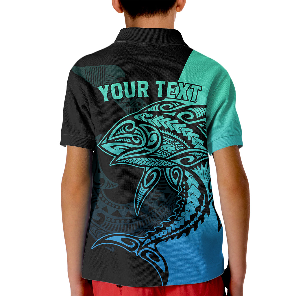 Personalised Polynesia Fishing Kid Polo Shirt With Maori Hei Matau Fish Hook Turquoise Art LT9 - Polynesian Pride