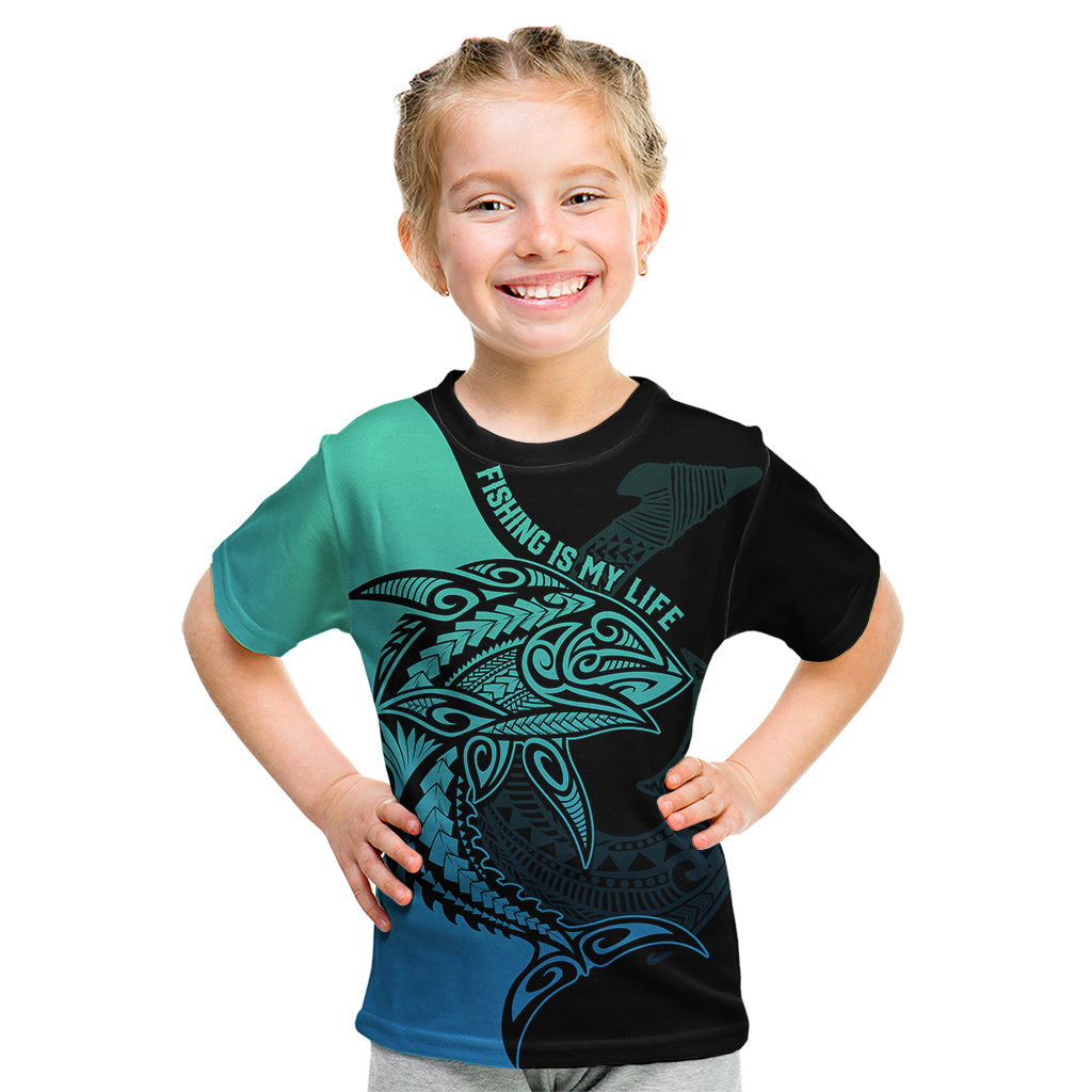 Personalised Polynesia Fishing Kid T Shirt With Maori Hei Matau Fish Hook Turquoise Art LT9 Turquoise - Polynesian Pride