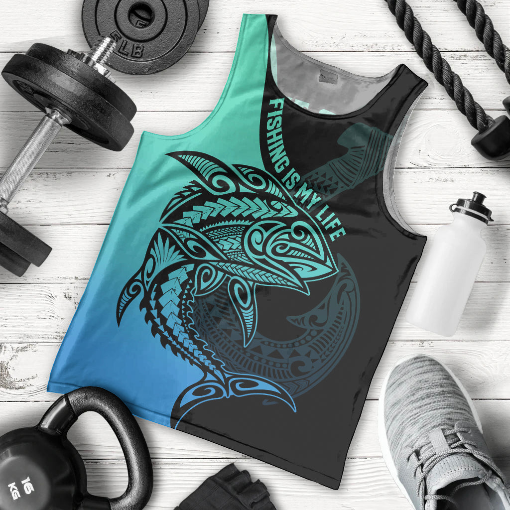 Personalised Polynesia Fishing Men Tank Top With Maori Hei Matau Fish Hook Turquoise Art LT9 Turquoise - Polynesian Pride