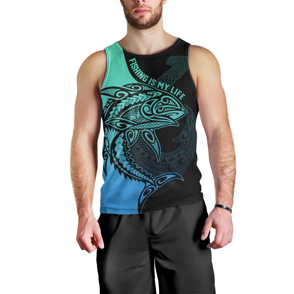 Personalised Polynesia Fishing Men Tank Top With Maori Hei Matau Fish Hook Turquoise Art LT9 - Polynesian Pride