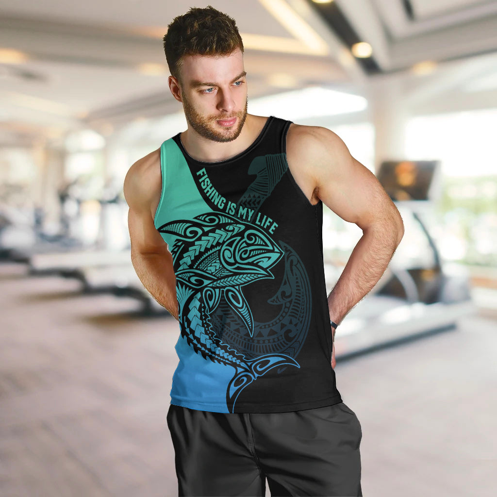 Personalised Polynesia Fishing Men Tank Top With Maori Hei Matau Fish Hook Turquoise Art LT9 - Polynesian Pride