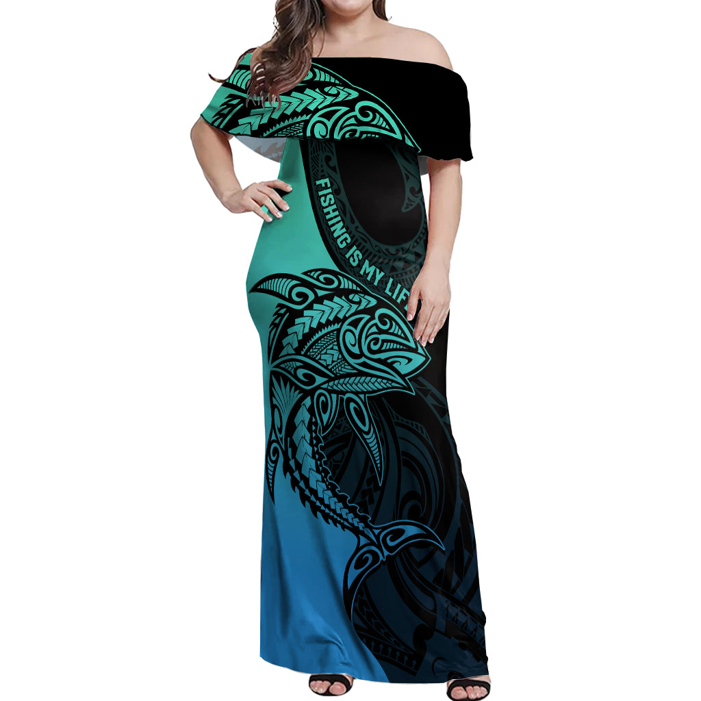 Personalised Polynesia Fishing Off Shoulder Maxi Dress With Maori Hei Matau Fish Hook Turquoise Art LT9 Women Turquoise - Polynesian Pride