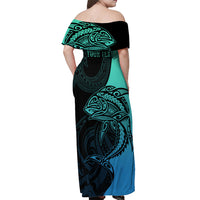 Personalised Polynesia Fishing Off Shoulder Maxi Dress With Maori Hei Matau Fish Hook Turquoise Art LT9 - Polynesian Pride