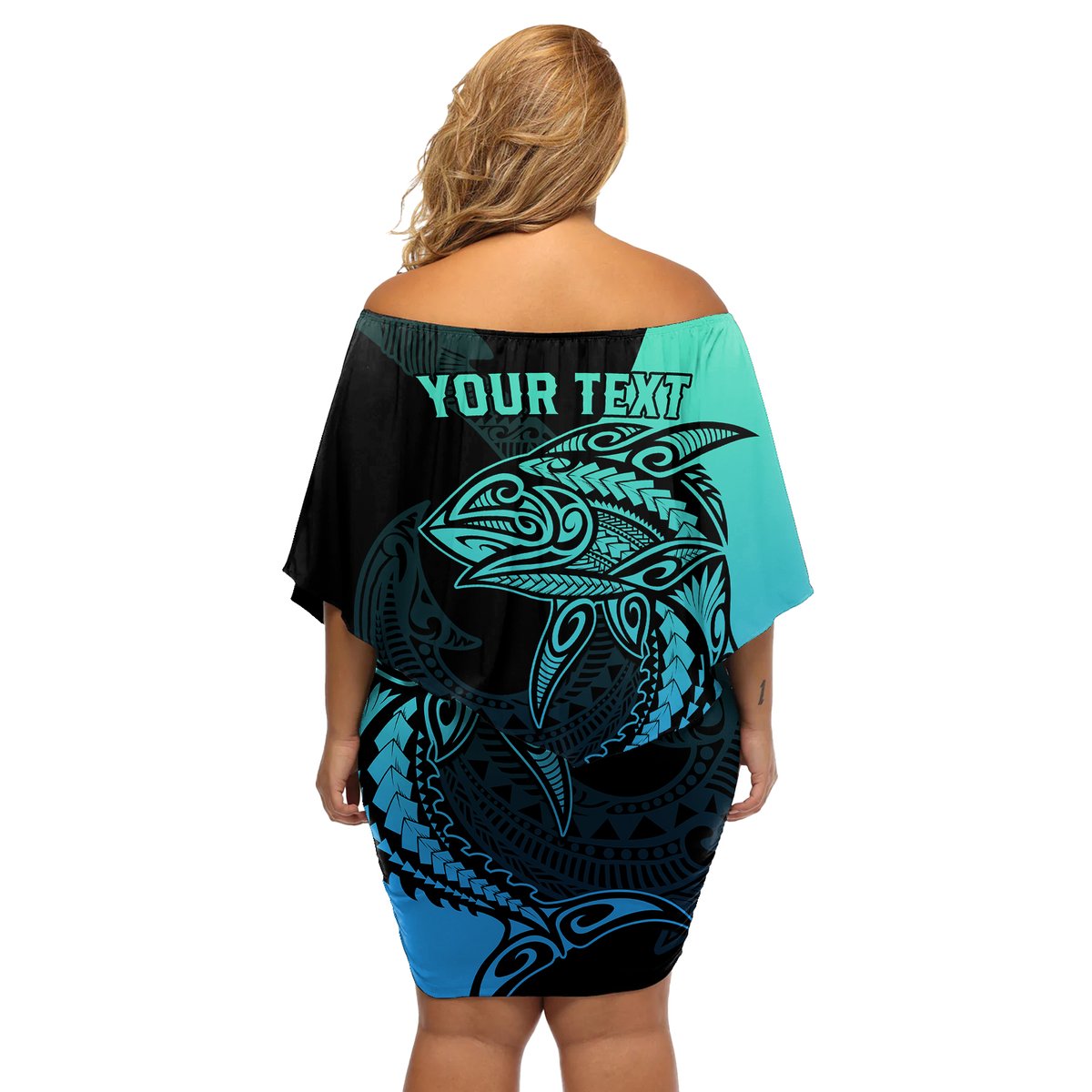 Personalised Polynesia Fishing Off Shoulder Short Dress With Maori Hei Matau Fish Hook Turquoise Art LT9 - Polynesian Pride