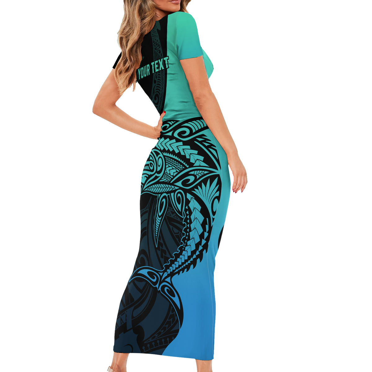 personalised-polynesia-fishing-short-sleeve-bodycon-dress-with-maori-hei-matau-fish-hook-turquoise-art