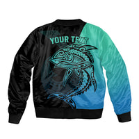 Personalised Polynesia Fishing Sleeve Zip Bomber Jacket With Maori Hei Matau Fish Hook Turquoise Art LT9 - Polynesian Pride