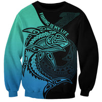 Personalised Polynesia Fishing Sweatshirt With Maori Hei Matau Fish Hook Turquoise Art LT9 Unisex Turquoise - Polynesian Pride