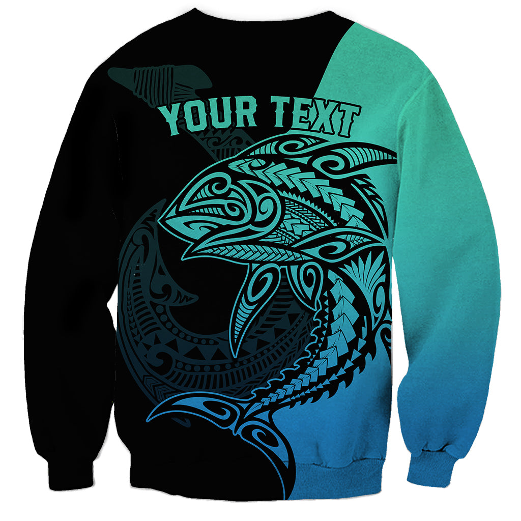 Personalised Polynesia Fishing Sweatshirt With Maori Hei Matau Fish Hook Turquoise Art LT9 - Polynesian Pride