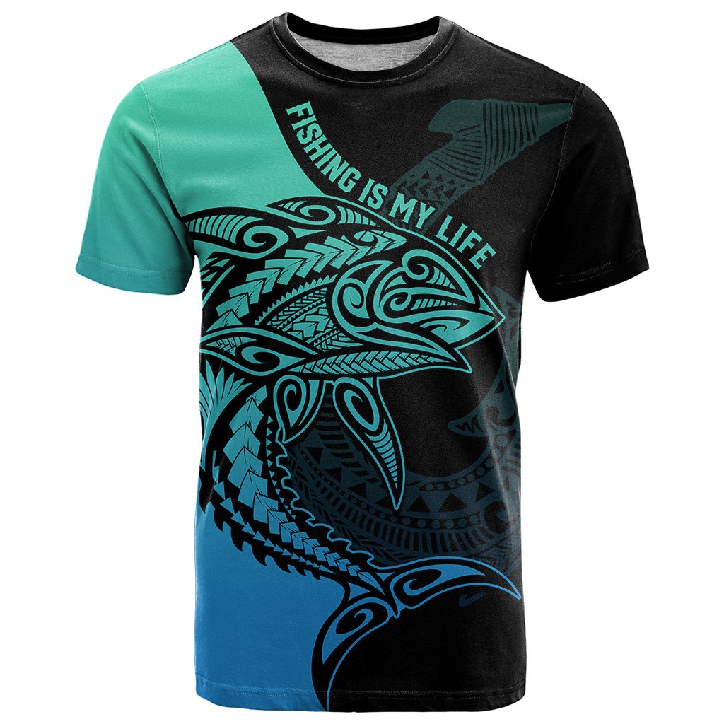 Personalised Polynesia Fishing T Shirt With Maori Hei Matau Fish Hook Turquoise Art LT9 Turquoise - Polynesian Pride