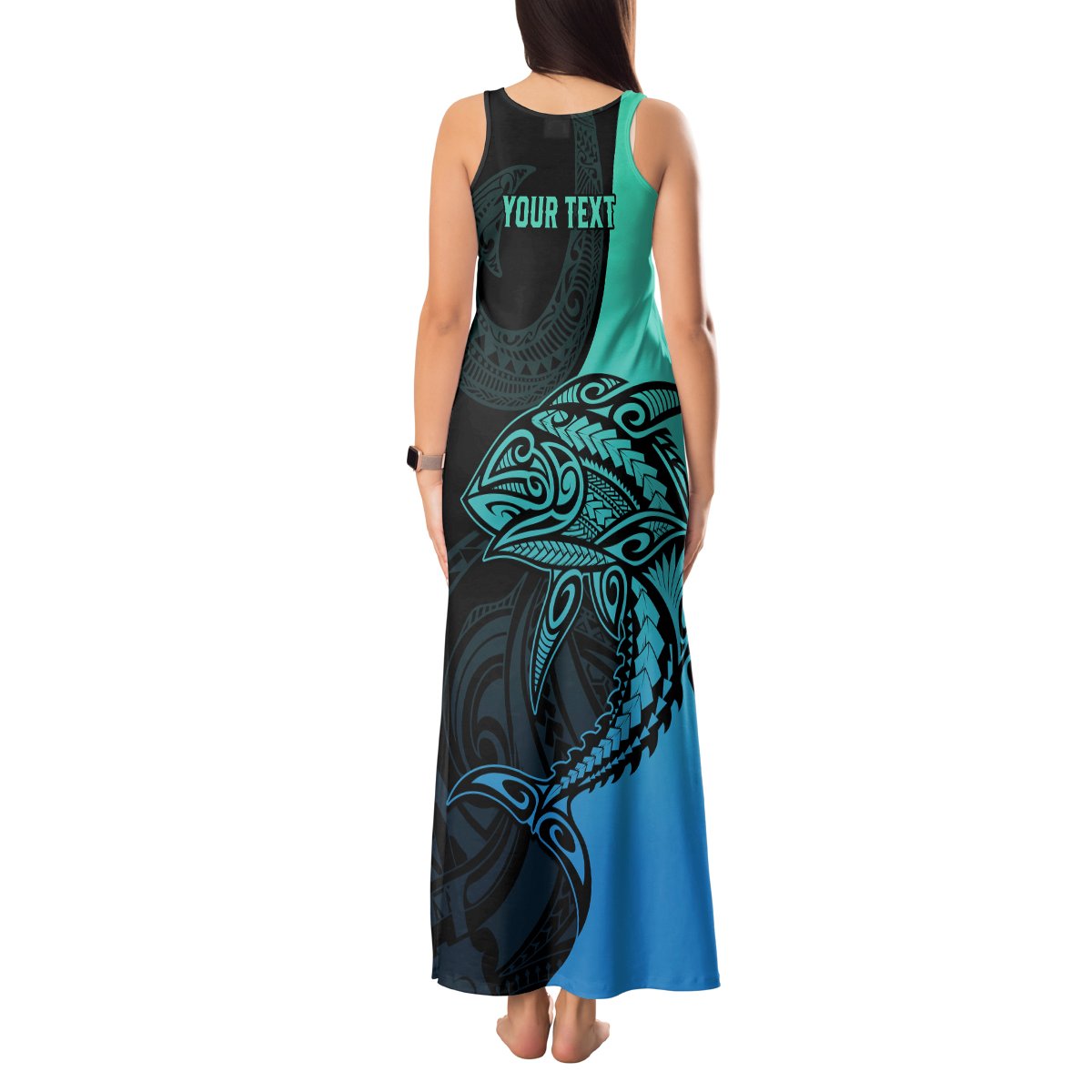 Personalised Polynesia Fishing Tank Maxi Dress With Maori Hei Matau Fish Hook Turquoise Art LT9 - Polynesian Pride