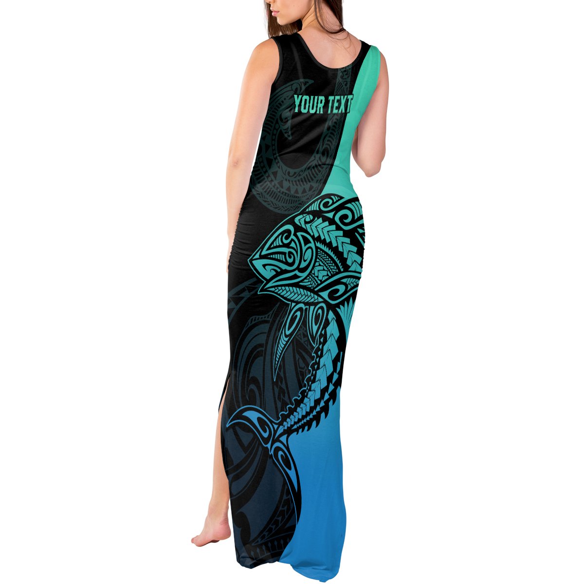 Personalised Polynesia Fishing Tank Maxi Dress With Maori Hei Matau Fish Hook Turquoise Art LT9 - Polynesian Pride