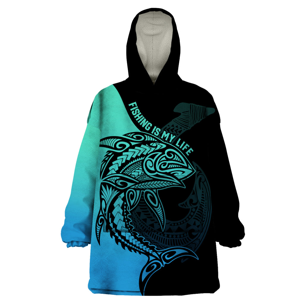 Personalised Polynesia Fishing Wearable Blanket Hoodie With Maori Hei Matau Fish Hook Turquoise Art LT9 One Size Turquoise - Polynesian Pride